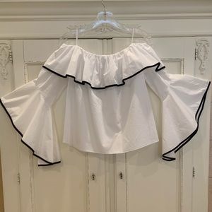 Zara White Flare Sleeve Blouse with Black Trim